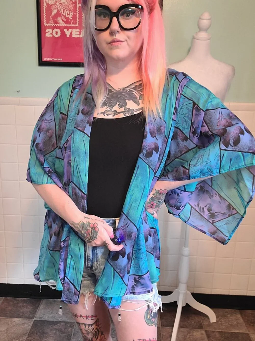 Vintage 90s Purple Teal Sheet Kimono Shawl Wrap Cover Up Whimsical Fairycore